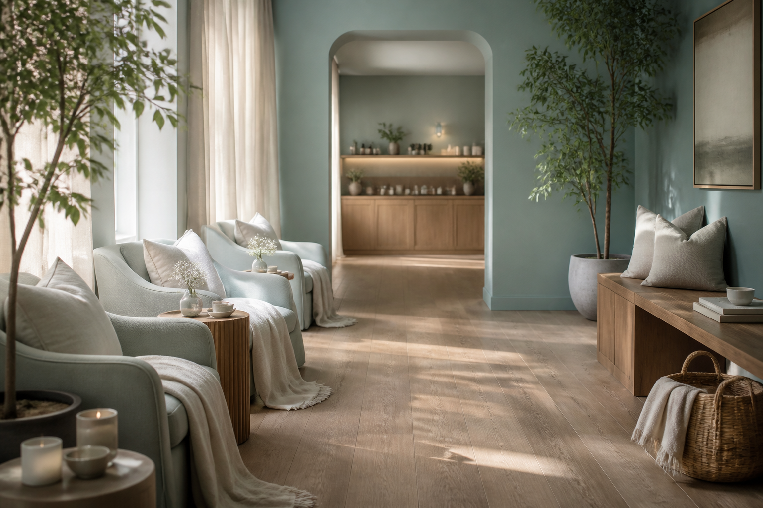 Calm waiting space in the example Norevia wellness studio