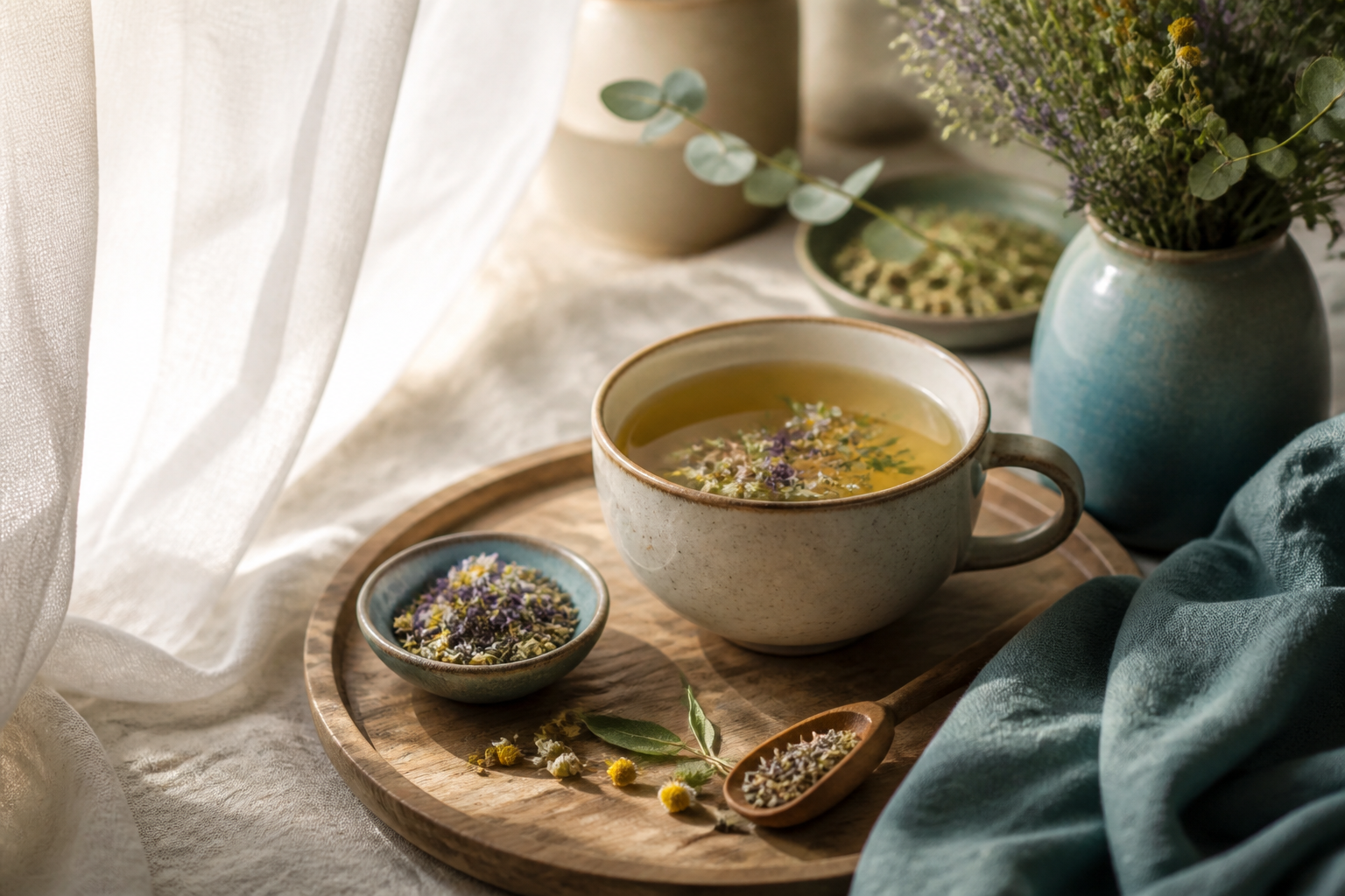 Morning herbal infusion on linen by soft window light
