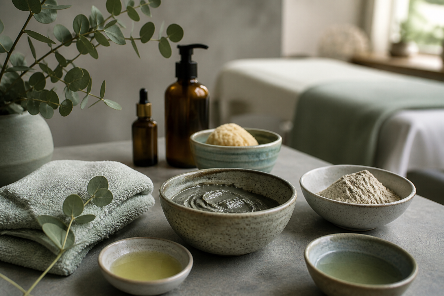 Botanical facial care bowls and soft towels in a quiet treatment room