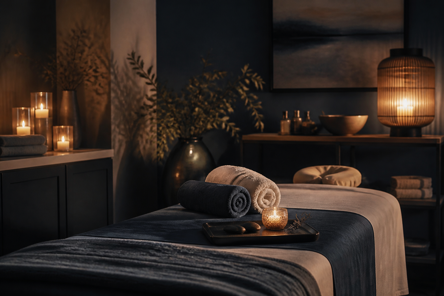 Warm evening spa light over soft linen and restorative stillness
